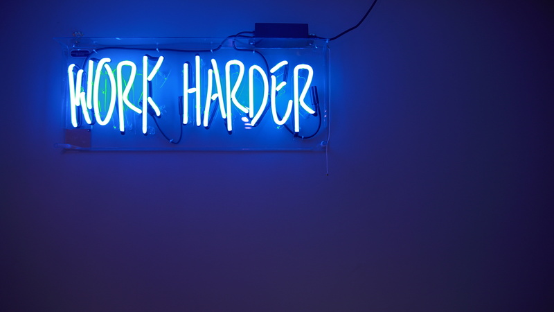 Neon lights, Blue, Work harder, 4K