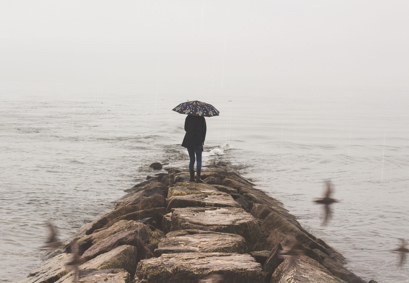 rear view, water, tumblr, sea, model, outdoors, woman, standing, nature, 4K, rocks, umbrella, rock, full length, leisure activity, one person