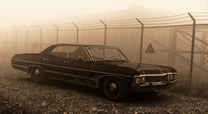 boundary, transportation, retro styled, chevrolet, land vehicle, chevrolet impala, 1080P, built structure, sedan, car, fog, mode of transportation, field