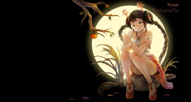 Korea thanksgiving day, the moon, Kim Eul bong, anime, night, 2K, art