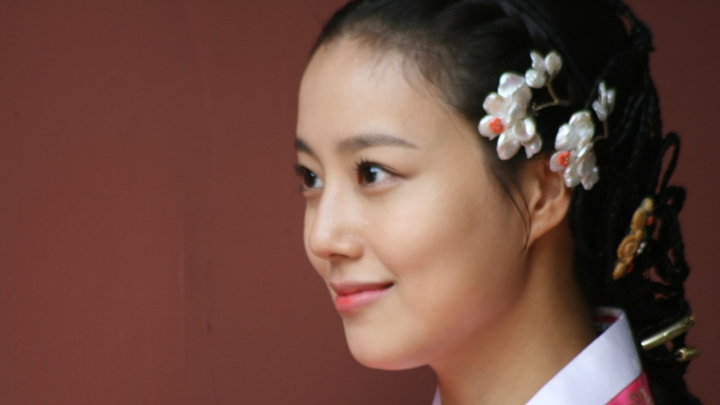 1080P, hair, close-up, flowering plant, colored background, portrait, studio shot, human face, moon chae won, flower, profile view, hairstyle, human body part