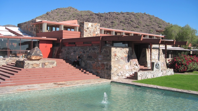 mountain, staircase, tree, nature, plant, day, house, sky, outdoors, no people, roof, swimming pool, water, travel destinations, frank lloyd wright, 4K