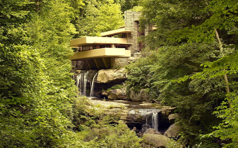bridge, tree, 2K, river architecture frank lloyd wright waterfall, beauty in nature, green color, built structure, outdoors, non-urban scene, growth, flowing water