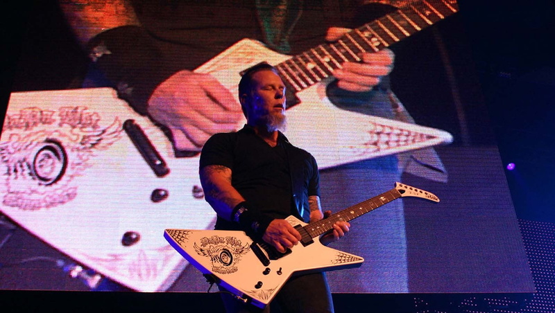 indoors, music, holding, musician, plucking an instrument, rock music, guitarist, James Hetfield, skill, playing, guitar, arts culture and entertainment