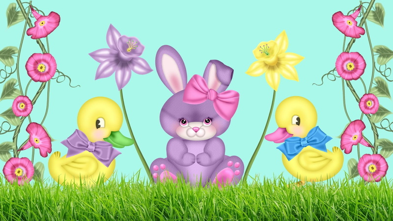 yellow, purple, grass, 1080P, firefox persona, bunny, flowers, easter, ducklings, rabbit, 3d and abstract, ducks, illustration