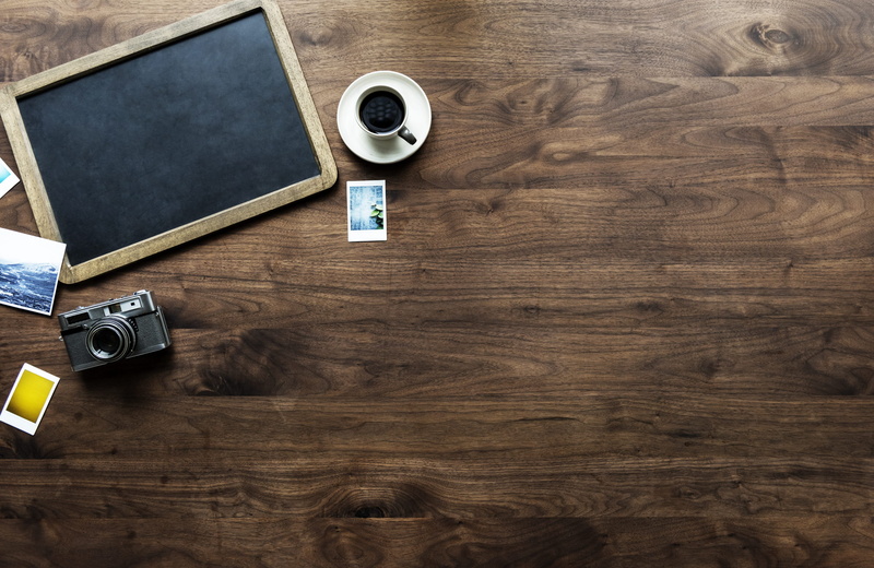 furniture, desk, wood, still life, tray, blackboard, close-up, analog camera, copy space, equipment, photography themes, table, camera, high angle view