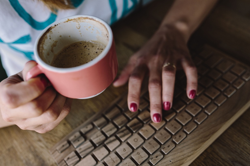 internet, adult, Closeup, nail polish, coffee - Drink, workspace, men, female, computer, hands, adults only, technology, 4K, one Person, wooden, indoors