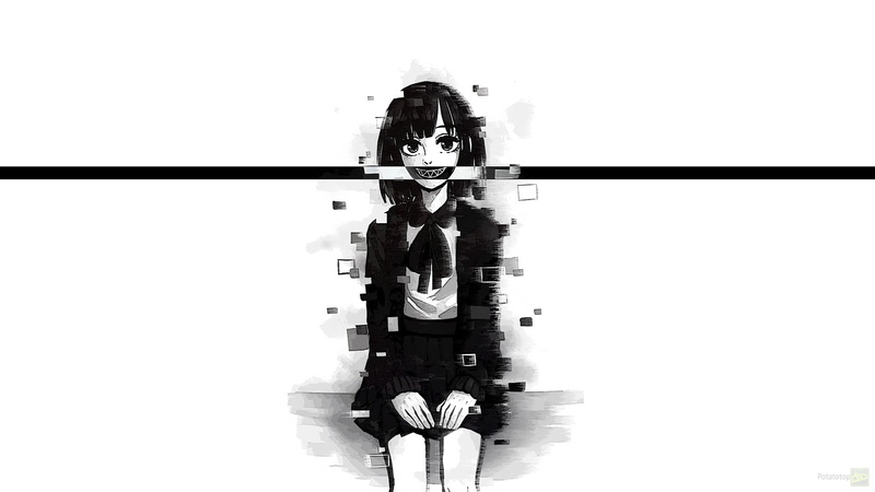 black, long, leisure activity, indoors, reflection, glitch art, front view, obscured face, standing, original characters, waist up, symmetry, uniform, women