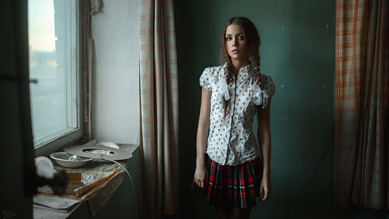 1080P, plaid, shirt, Ksenia Kokoreva, Georgy Chernyadyev, skirt, twintails, braids, auburn hair, schoolgirl, women