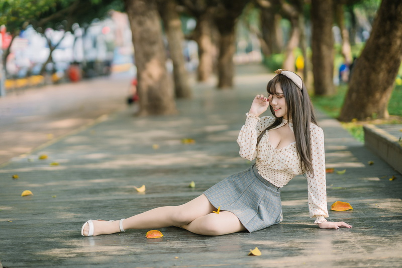miniskirt, profile, brunette, trees, women, plaid skirt, depth of field, closed eyes, straight hair, on the floor, outdoors, street, Asian, model, sidewalks