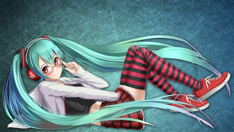 painted nails, full length, leisure activity, real people, anime, meganekko, Hatsune Miku, skirt, women with glasses, green color, glasses, twintails, indoors
