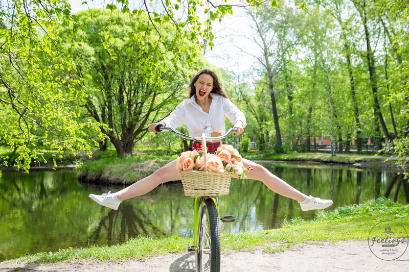 plaid skirt, lake, trees, women with bicycles, white shirt, sneakers, bicycle, 2K, open mouth, flowers, red lipstick, schoolgirl uniform, White socks