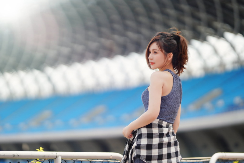 red lipstick, depth of field, plaid skirt, brunette, profile, stadium, dress, women, 1080P, women outdoors, looking away, Asian, model, outdoors