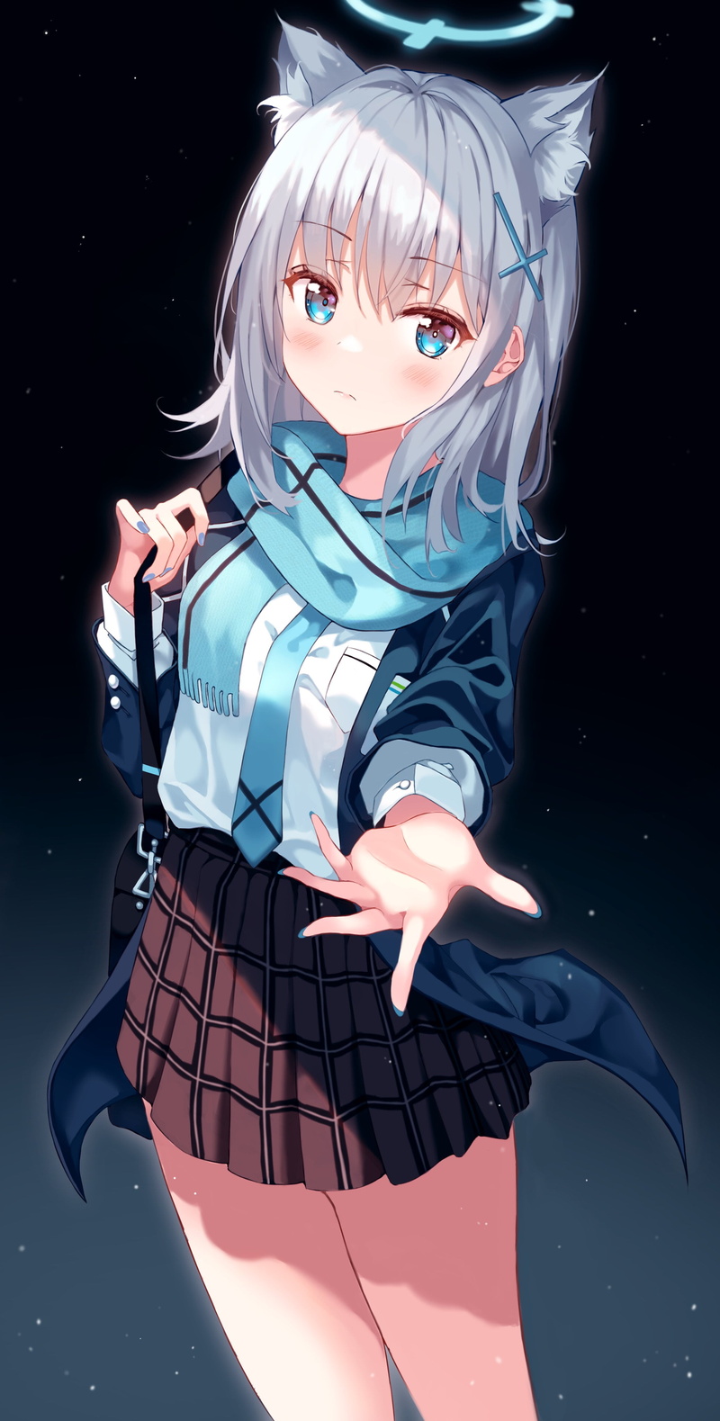 Shaffelli, animal ears, Shiroko (Blue Archive), anime, scarf, vertical, 4K, plaid skirt, blue archive, anime girls