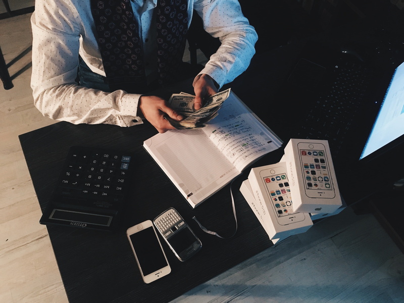 high angle view, office, business person, table, smartphones, working, connection, iphone, commerce, keyboard, desk, internet, banknotes, businessman, screen