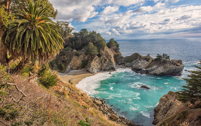 sea, California, rock, clouds, beach, Mc Way Falls, landscape, 1080P, nature, palm trees