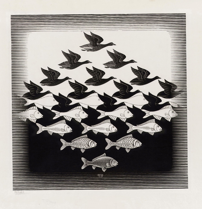FISH, art, optical, monochrome, BIRDS, 1080P, illusions, animals, x, hd, escher, mc