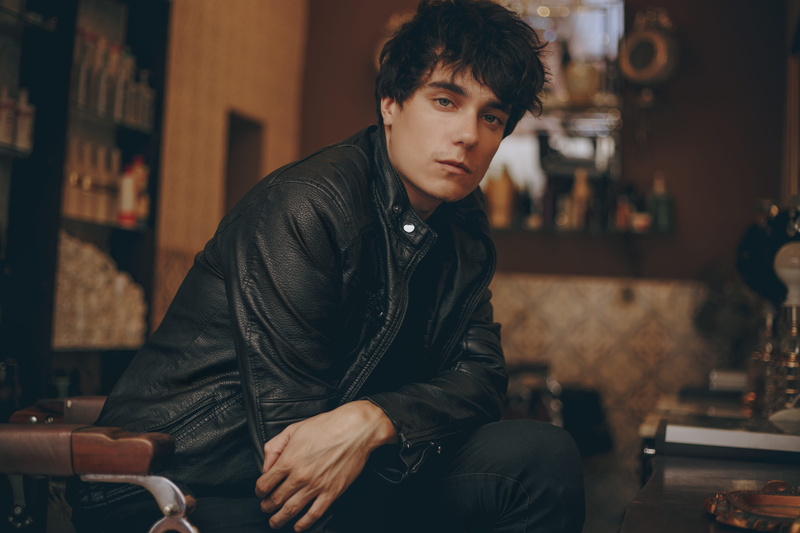 photoshoot, facial expression, black, man, guy, handsome, leisure activity, looking at camera, posture, wearing, black leather jacket, model, jacket, sit