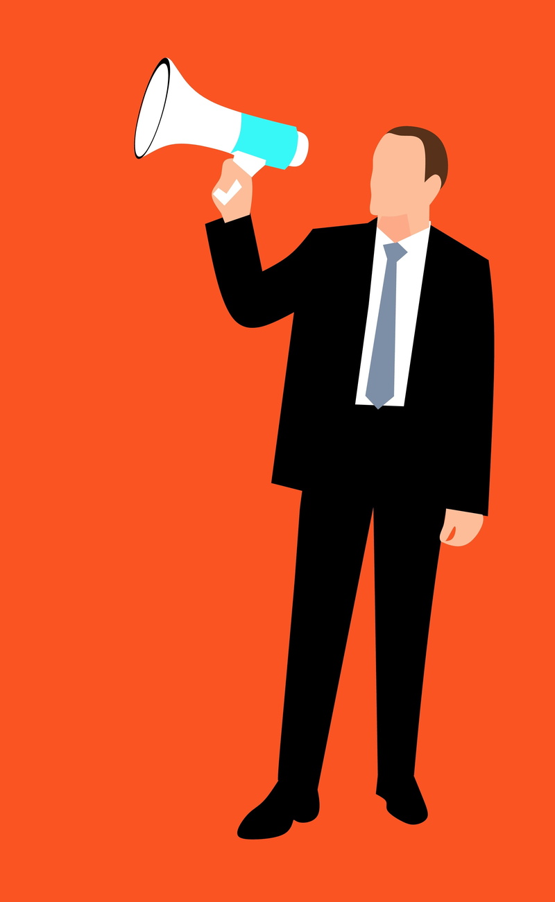 leadership, cut out, public, voice, loudspeaker, background, colored background, loud, well-dressed, adult, speaker, standing, caucasian, concept, cartoon character