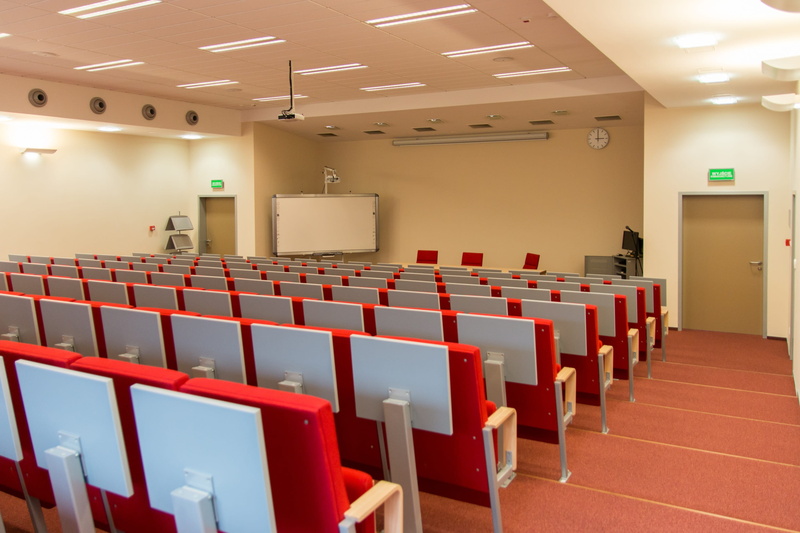 lighting equipment, chairs, seat, inside, the jan kochanowski university, ceiling, lecture hall, chair, school, lectures, the ranks, audience, in a row