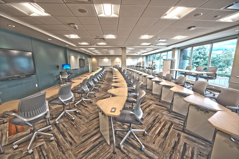 domestic room, chair, window, rolling, 5K, furniture, in a row, school, architecture, seat, modern, gray, inside, table, classroom, brown, cafeteria, lecture hall