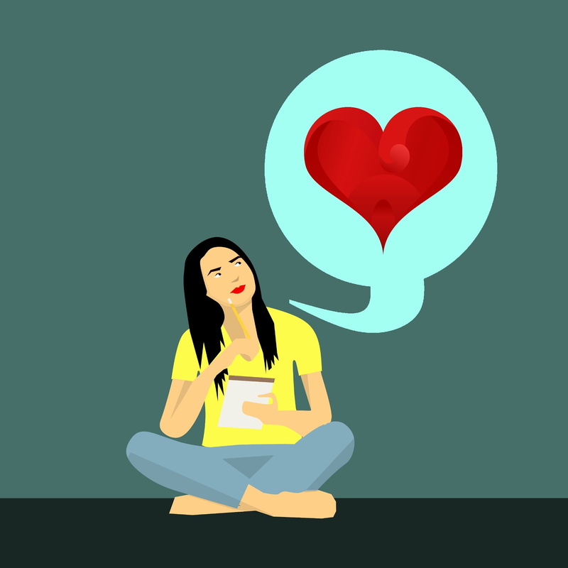 yellow, 1080P, real people, modern, red, heart shape, work, one person, adult, pensive, emotion, american, young women, sign, positive emotion, studio shot