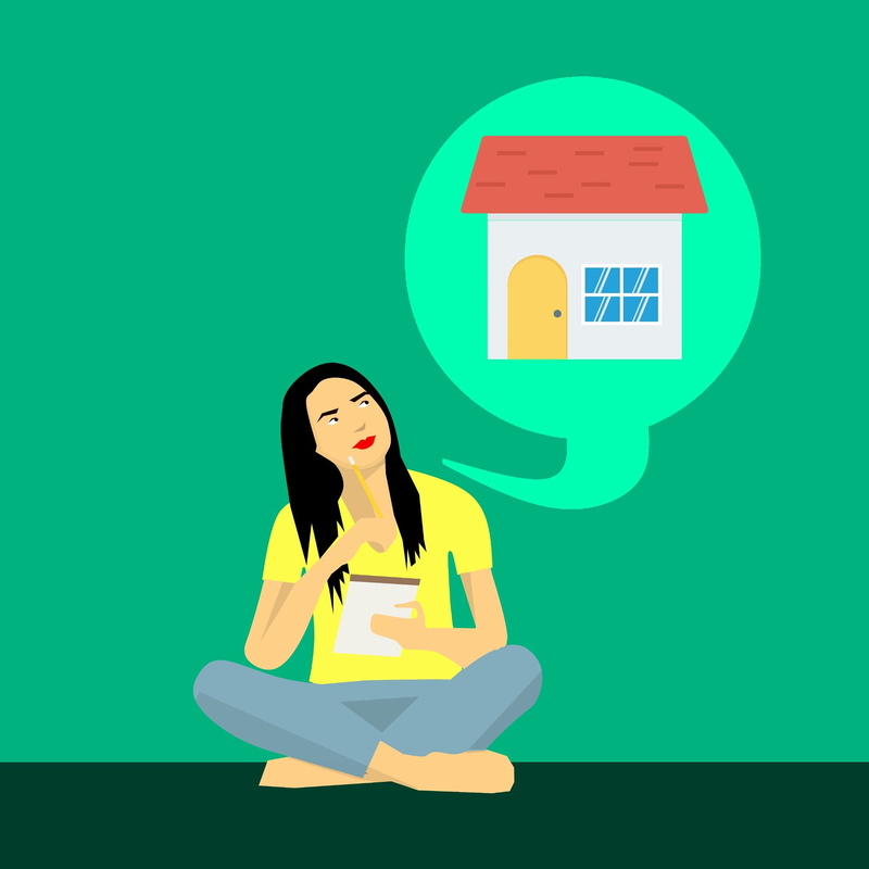 modern, real people, lifestyles, colored background, pad, global communications, realestateagent, happy, pensive, young women, yellow, thinking, pen, face