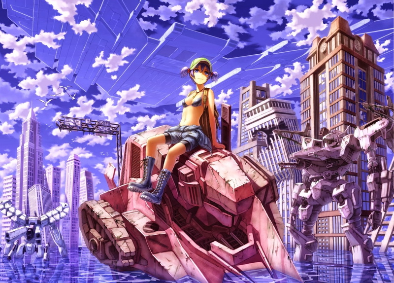 human representation, statue, city, people, anime girls, building exterior, mech, religion, outdoors, sky, nature, blue, sculpture, sitting, male likeness