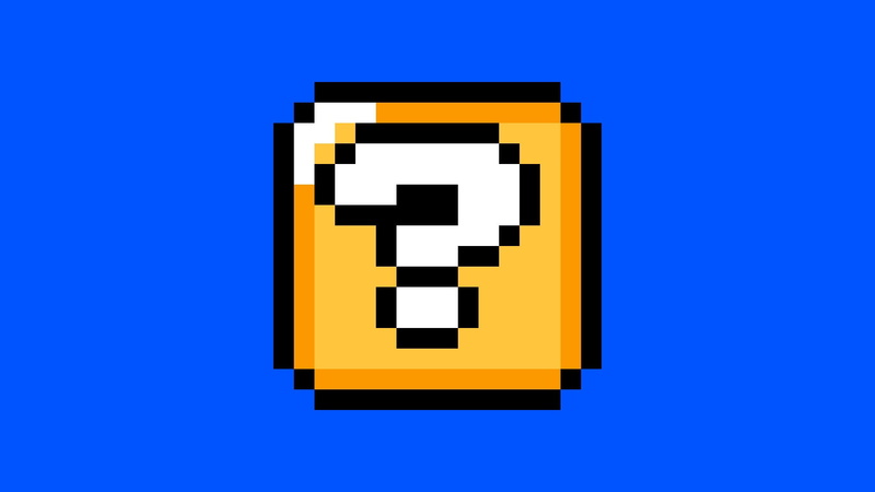 retail, text, illuminated, pixelated, business, blue, close-up, technology, colored background, symbol, Super Mario, yellow, 1080P, black, questions, white