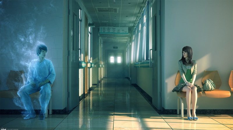 sitting, tiled floor, fantasy art, architectural column, hospital, adult, full length, people, anime, s, digital composite, looking, real people, indoors