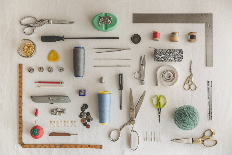 Sewing, work tool, equipment, high angle view, directly above, order, Craft/DIY, still life, knolling - concept, workshop, tool, variation, large group of objects