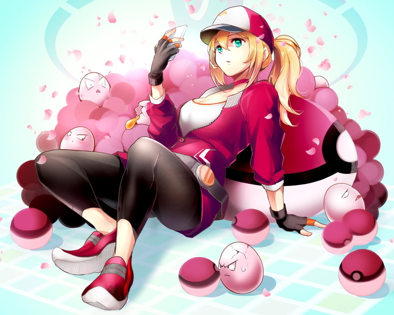 pink color, beautiful woman, studio shot, one person, pokemon go, pokeballs, hat, shoe, Anime, 720P, beauty, multi colored, trainer, human representation