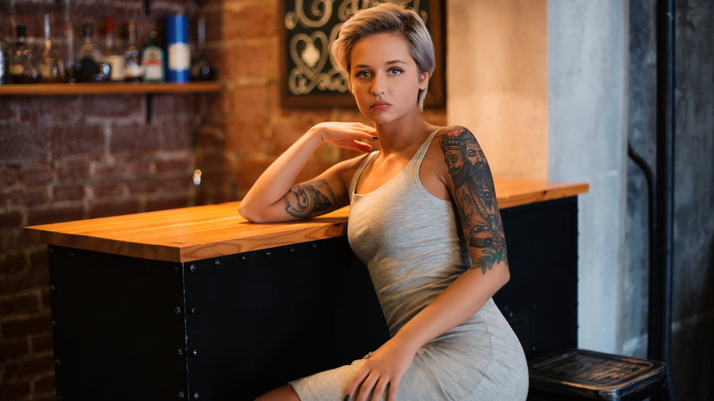 women, young adult, tank, three quarter length, Valeriya, tattoo, 1080P, indoors, portrait, adult, one person, beautiful woman, wood - material, lifestyles