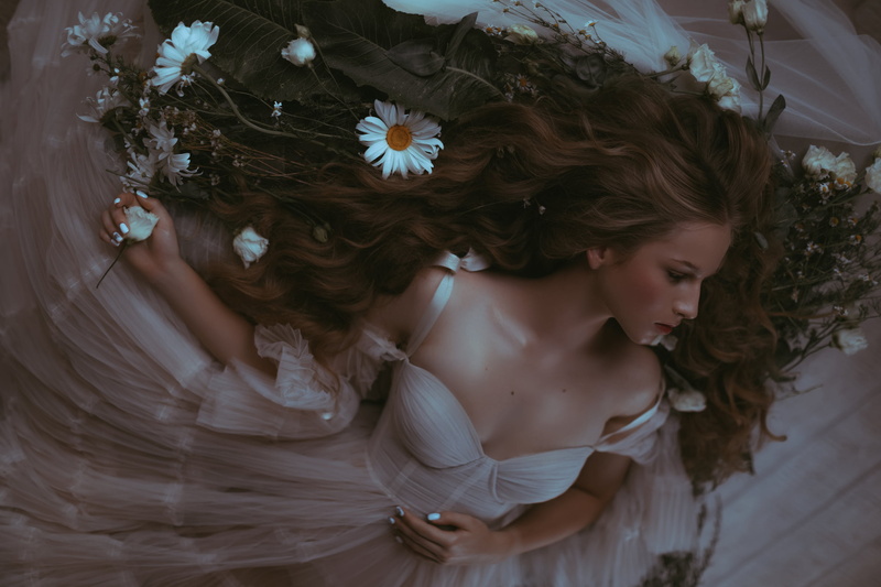 brunette, rose, dress, wedding dress, white clothing, top view, Valeriya Mytnik, white nails, brides, 1080P, wavy hair, lying on back, women, flowers