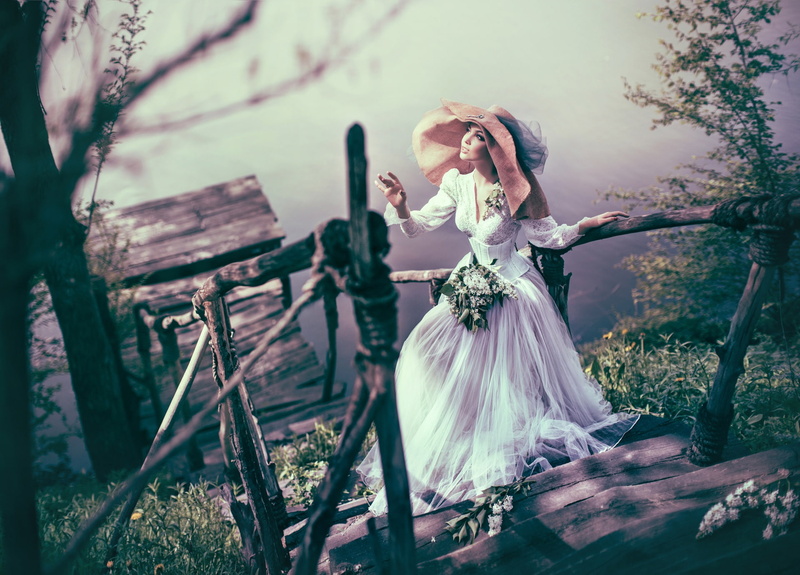 1080P, water, girl, style, Valeriya Mytnik, hat, dress, ladder, lilac