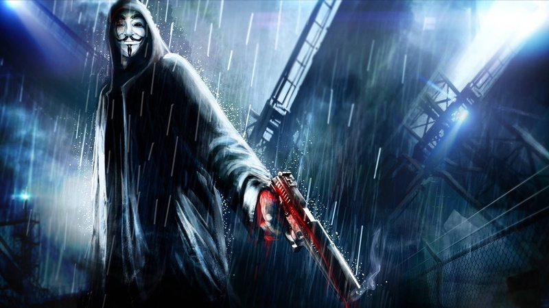 Guy Fawkes, artwork, gun, rain, V for Vendetta, mask, 1080P