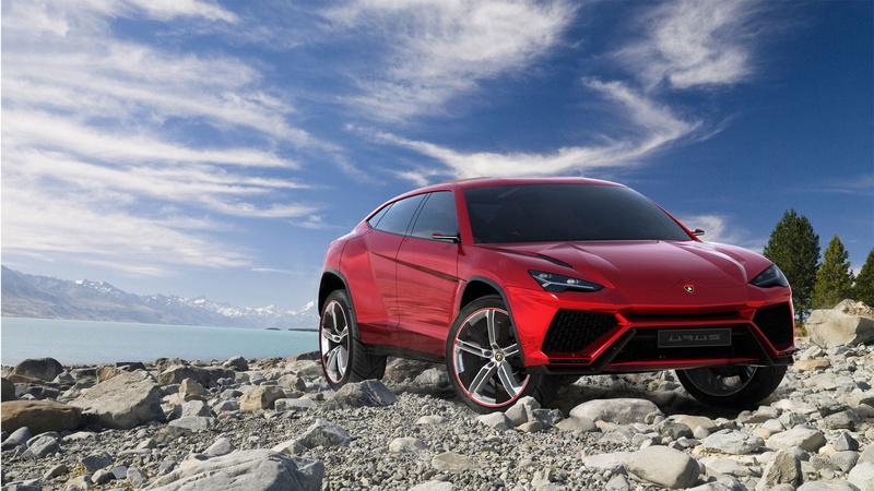 rock, motor vehicle, Lamborghini Urus, sky, nature, solid, concept cars, 1080P, wheel, red cars, blue, sunlight, mode of transportation, travel, land vehicle