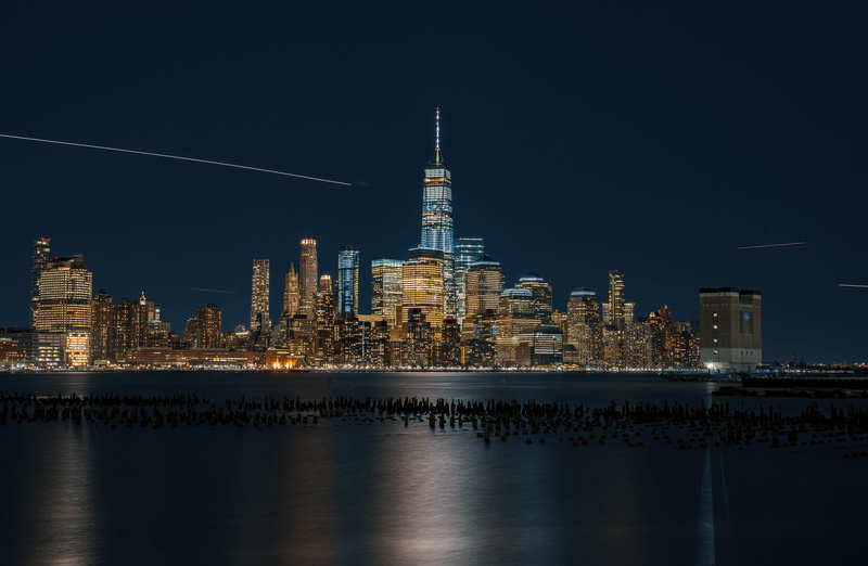 long exposure, dark, hudson, outdoors, night, nyc, time, architecture, lighted, buildings, river, trail, color, world trade center, tower, lapse, rocks