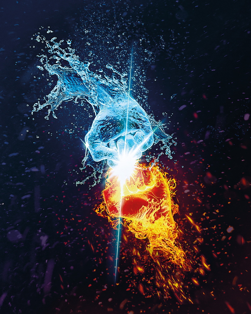 flame, battle, sparks, water, art, opposition, 2K, splashes, hands