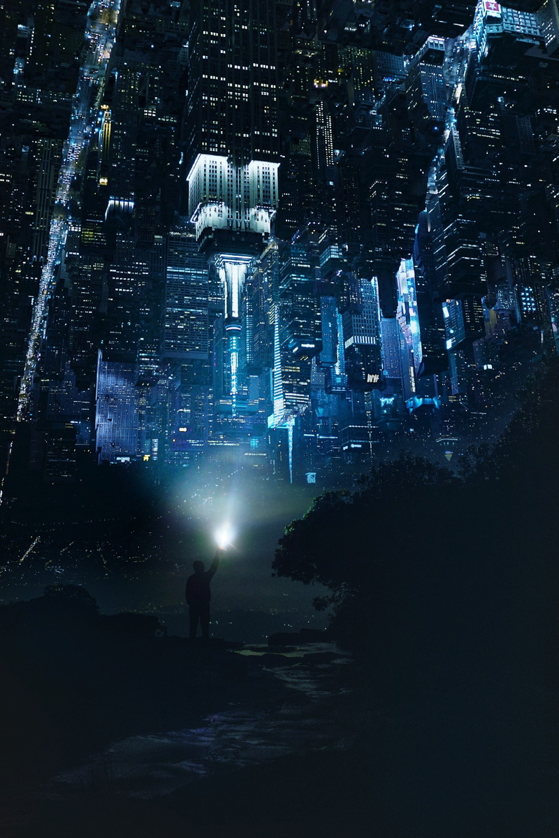 built structure, city, building exterior, fantasy, opposite, surealism, one person, lifestyles, torch, illuminated, cityscape, men,