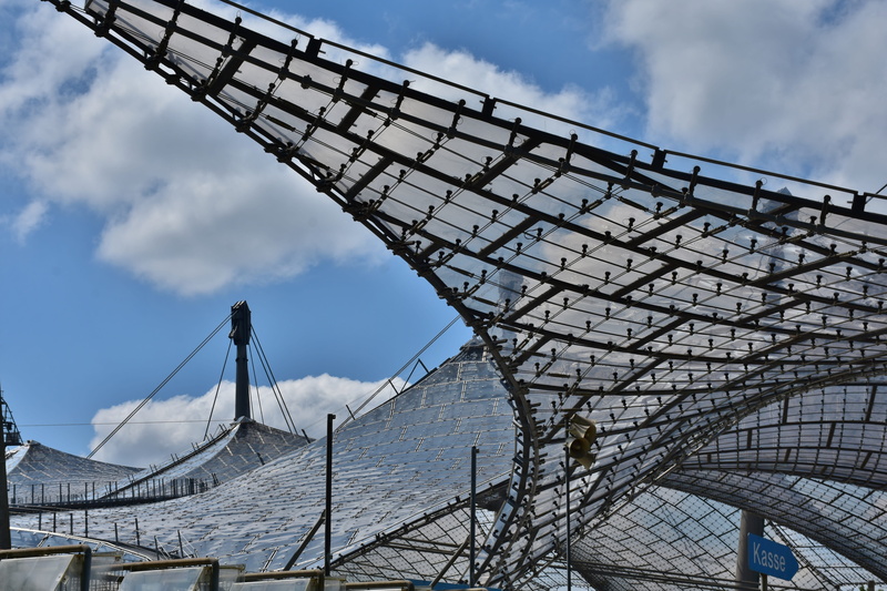 frame, suspension bridge, outdoors, cloud - sky, southern germany, travel, connection, architecture, olympic stadium, landeshaupstadt, roofs, engineering