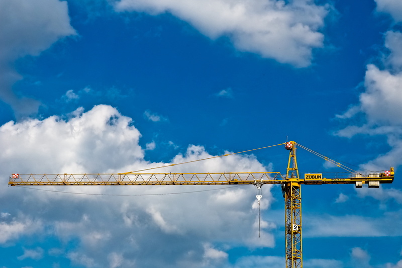 construction machine, metal, built structure, crane boom, build, blue, load lifter, nature, sky, high, cloudscape, building, assembly, construction equipment