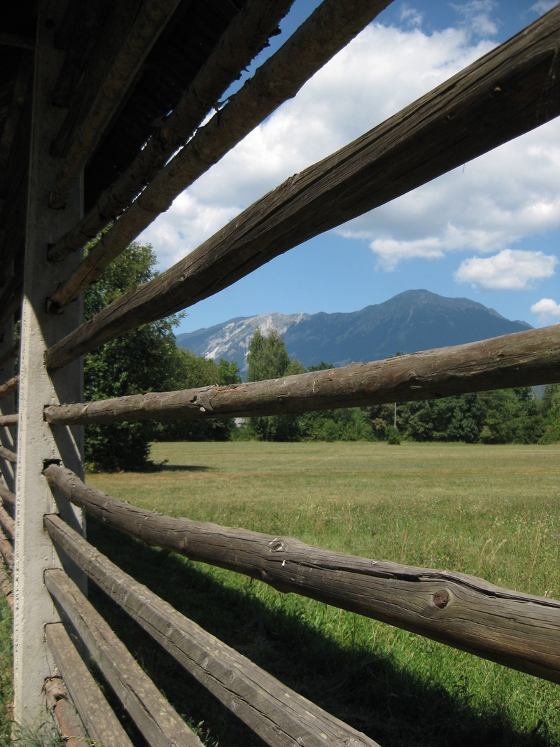 meadow, view, beauty in nature, agriculture, fence, metal, rail transportation, day, nature, slovenia, strive, wood, summer, cloud - sky, mountain, landscape