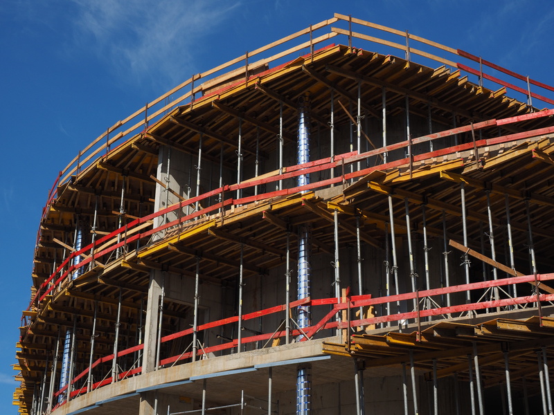 construction site, low angle view, no people, bridgehouse, construction, scaffolding, day, 4K, modern, unshrouded, construction work, building, scaffold