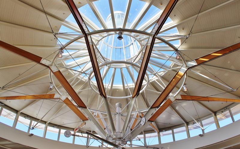 directly below, shape, built structure, indoors, no people, pattern, sunlight, transparent, metal, architectural feature, glass - material, architecture