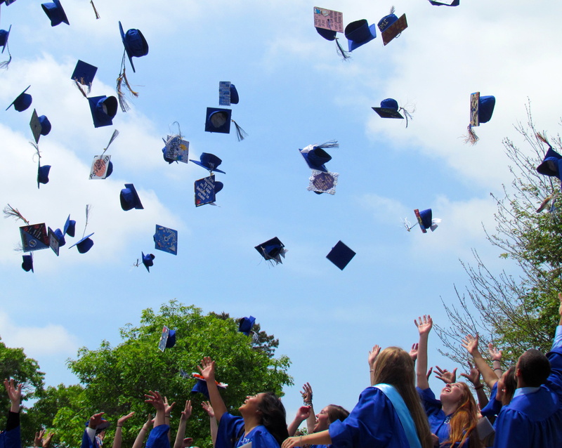 lifestyles, arms raised, celebration, graduation hats, leisure activity, real people, women, graduate, graduation, 2K, enjoyment, flying, sky, celebrate