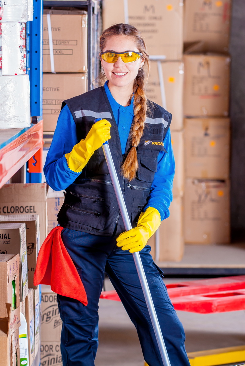three quarter length, mop, gloves, supervisor, glasses, hairstyle, safety, eyeglasses, indoors, portrait, personal protection, adult, industrial safety