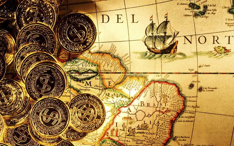 1080P, ships, direction, ocean, pirate, money, shine, color, coins, maps, sea, ingots, dollars, sail, islands, bullion, degrees, world, fantasy, land