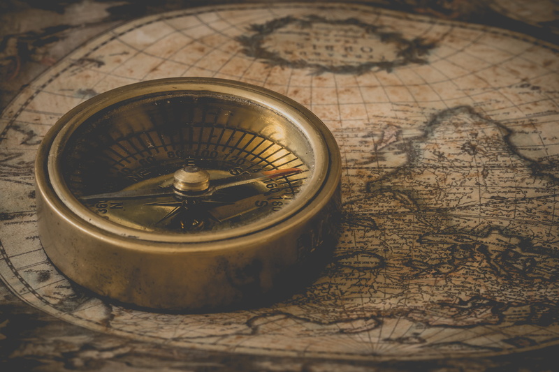 degrees, clock, retro styled, navigational compass, time, pocket watch, north, guidance, history, map, roman numeral, colored, indoors, photo, 5K, high angle view