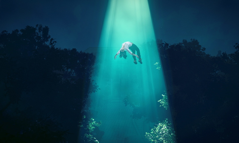 2K, land, holiday, guest, full length, outdoors, saucer, alien, woman, floating, clothing, tranquility, one person, blue, stranger, light, leisure activity